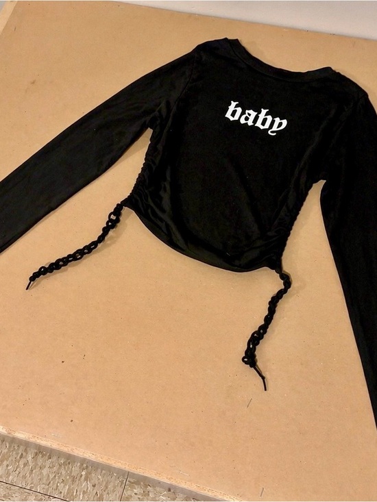 Tops - Black Long Sleeve Crop Top with "baby" Graphic